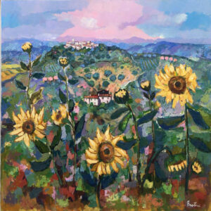 Paesaggio toscano con girasoli